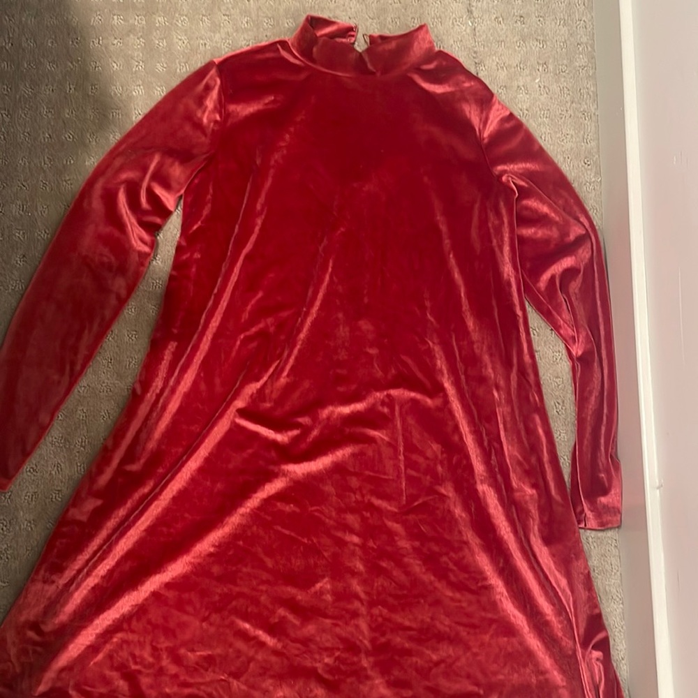 Deep velvet pinkish red colored dress. It’s the most comfortable dress ever.